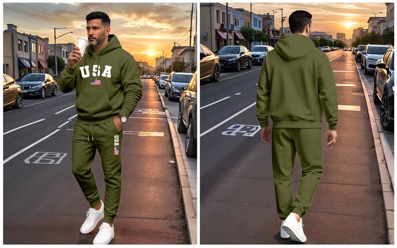 Men's USA Letter Printed Hoodie & Drawstring Sweatpants Set Casual Athletic Long Sleeve Hooded Jacket & Trousers for Fall Winter Spring Autumn 100% Polyester Tracksuit Athleisure