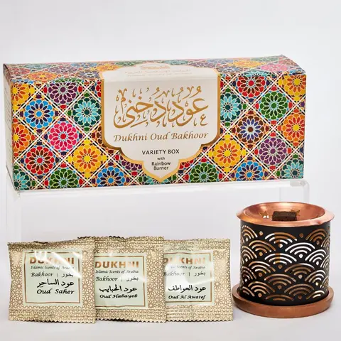 Dukhni Oud Bakhoor Variety Box & Metal Incense Burner Set - 10 Ouds, Woody Light Scent, Long-Lasting Candle, Auspicious Arabian Home Fragrance, 20 Pcs, 400 Sq Ft Aroma, 1907 Tradition, All-Natural Incense, Ideal Gift for Home Care Enthusiasts