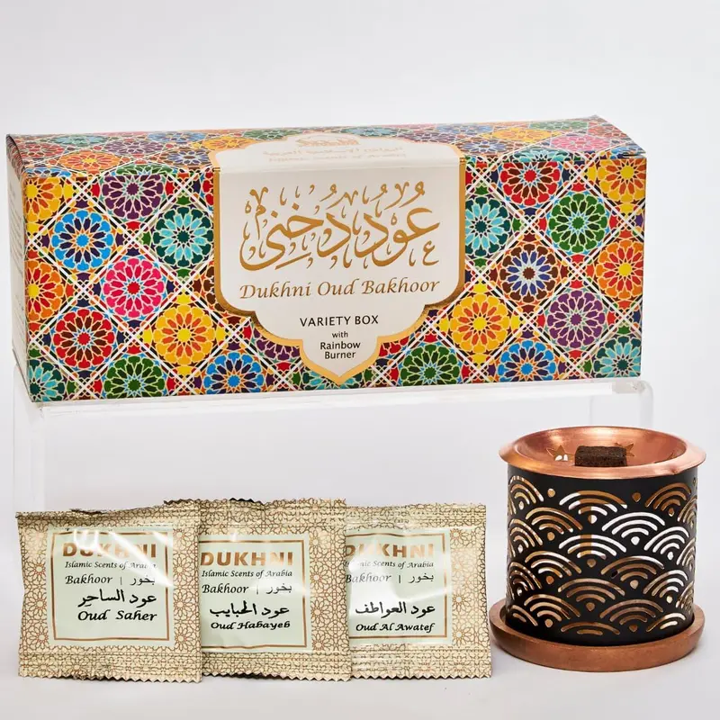 Dukhni Oud Bakhoor Variety Box & Metal Incense Burner Set - 10 Ouds, Woody Light Scent, Long-Lasting Candle, Auspicious Arabian Home Fragrance, 20 Pcs, 400 Sq Ft Aroma, 1907 Tradition, All-Natural Incense, Ideal Gift for Home Care Enthusiasts