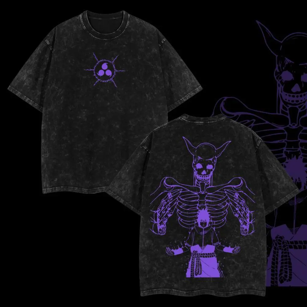 Uchiha Sasuke x Susano Naruto Edition Double Printed Oversize Lightweight Acid Washed Shortleeve Cotton T-Shirt, Dark Vintage Anime Design Streetwear Top, Unisex Valentine's Day Gift, Shortsleeve