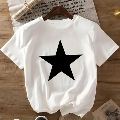 Women's Star Print Round Neck Tee, Casual Short Sleeve Crew Neck T-Shirt for Daily Wear, Ladies Clothes for All Seasons