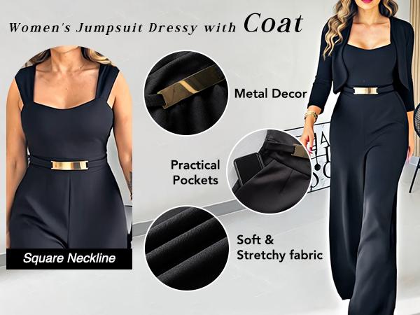 2026 Spring ChicMe Women's 2 Pieces Outfit Metal Decor Square Neck Sleeveless Zipper Back Cinched Waist Wedding Guest Wide Leg Jumpsuit /Wedding Guest Jumpsuit Set and Casual Crop Cardigan Set