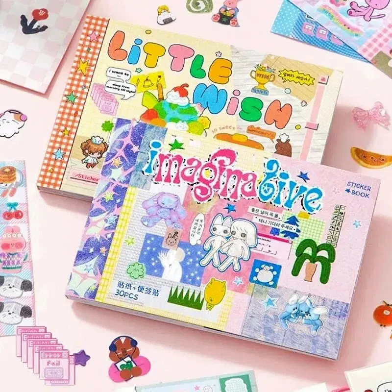 A6 Split-Design Decorative Sticker Book - 2 Styles, 30 Sheets, Cool Pastel & Warm Cozy Writable Memos, Mixed Finish Decals for Bujo Scrapbooking Craft Kits, Cute Stickers Adhesive Tabs