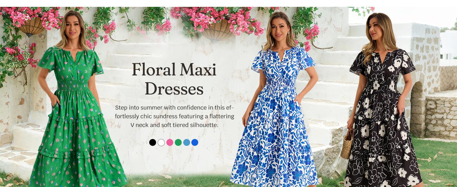 Wenrine Women‘s Summer Short Sleeve Maxi Dresses Casual Floral V Neck Smocked Tiered Flowy Boho Beach Sundress Wenrine Women‘s Summer Short Sleeve Maxi Dresses Casual Floral V Neck Smocked Tiered Flowy Boho Beach Sundress