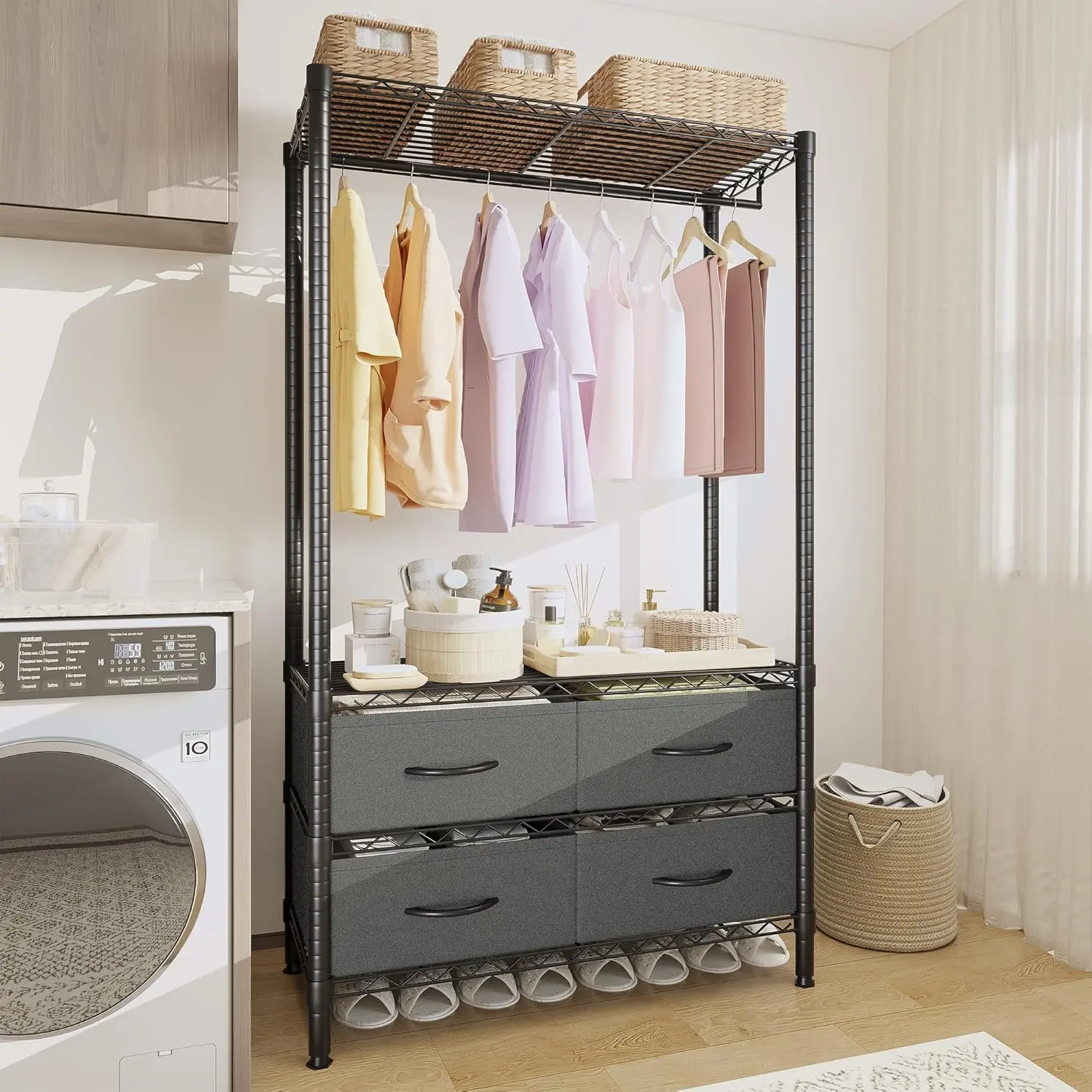 71.5" Heavy Duty Clothes Rack With 4 Fabric Drawers, Adjustable Shelves & hanging rod, Freestanding Clothing Rack with Hanging Rod for Hanging Clothes, 71.5" H x 35.2" W x 15.4" D