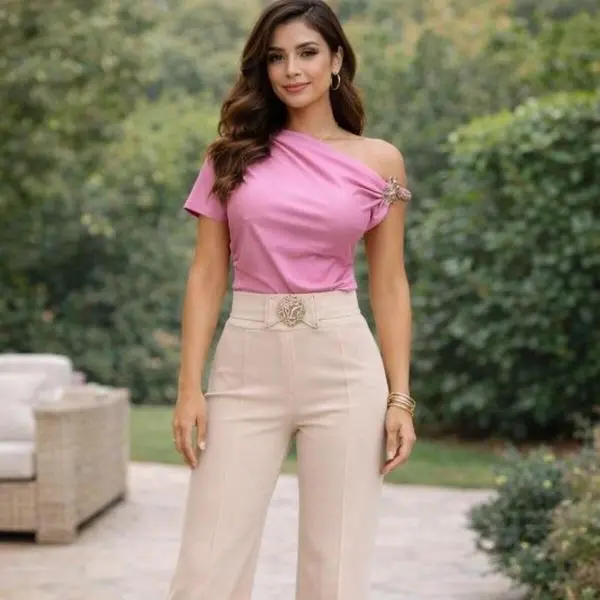 Rosita003-One Sleeve With Accesory Blouse 95%Polyester 5%Spandex