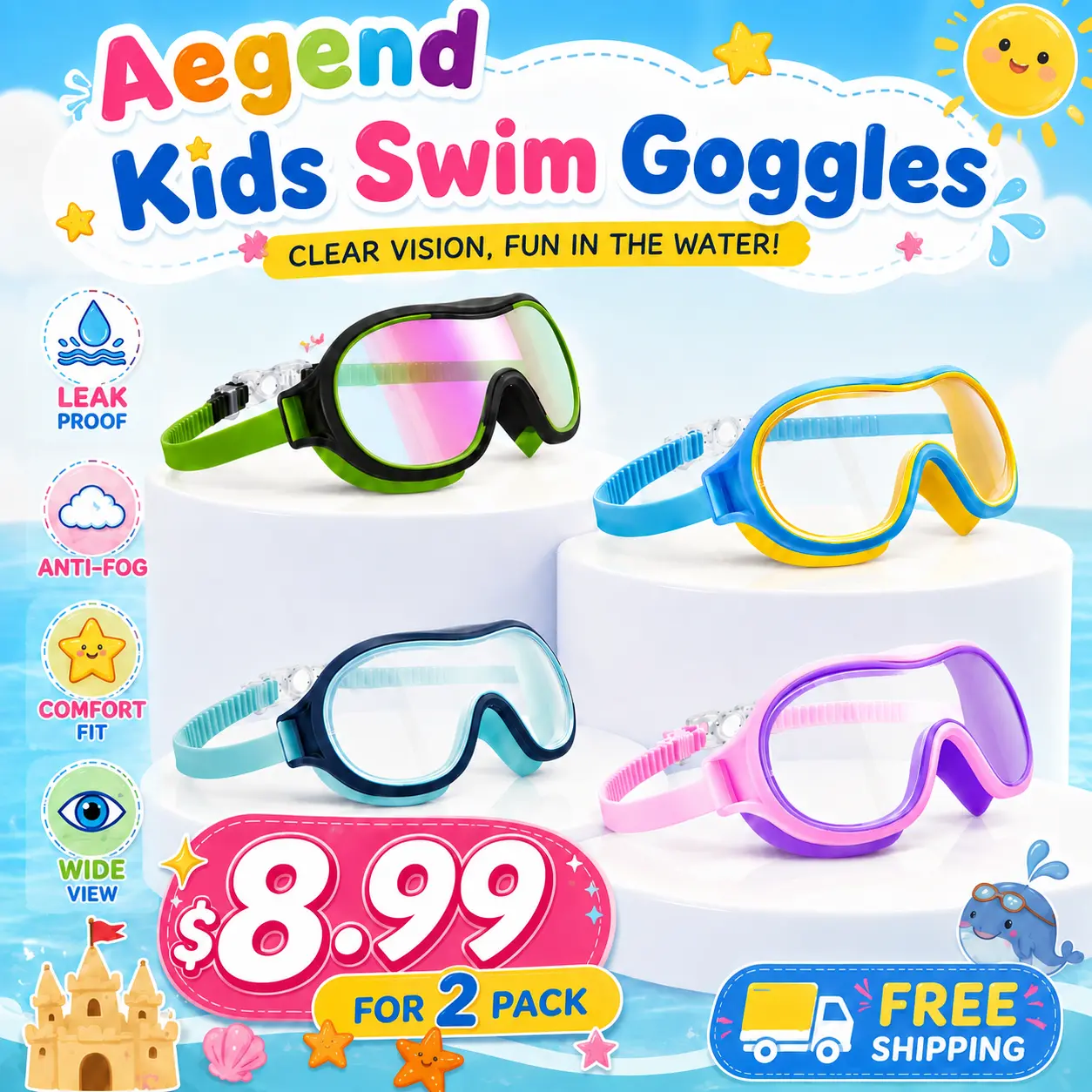 Aegend Kids' Swimming Goggles 2-Pack - Adjustable Sealed Silicone Wide View Swim Glasses with Anti-Fog, UV Protection for Youth Pool Days, Goggles for Swimming, Wide Lens, Large Eye, Outdoor Swimming Adventures tiktokshopbacktoschool