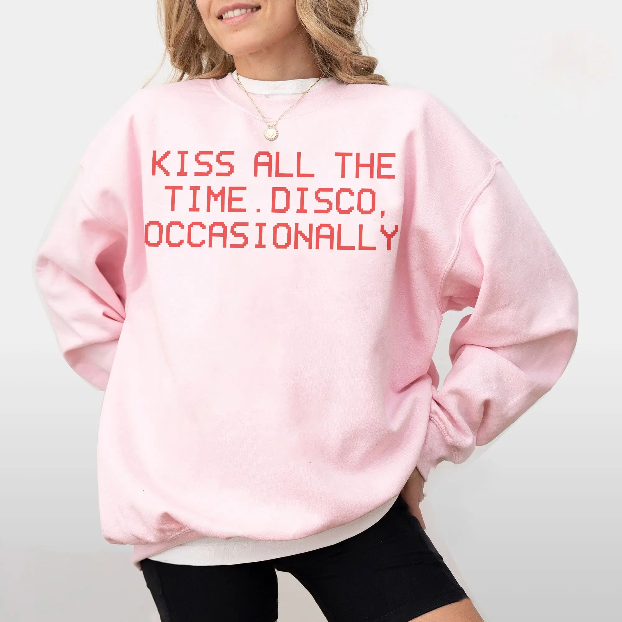 Kiss All The Time. Disco Occasionally Baby Tee T-Shirt Top Harry Album Merch Tour Concert Unisex (Red Text Version)