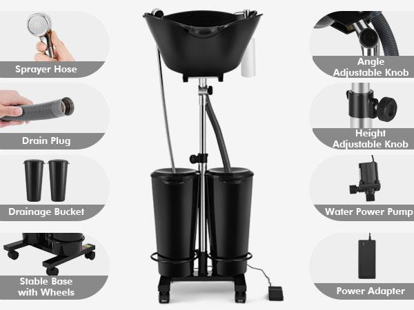 Portable Adjustable Shampoo Bowl with Electric Pump Hair Washing Station Includes 2 Buckets Drain Hoses High-Pressure Sprayer Foot Pedal Switch