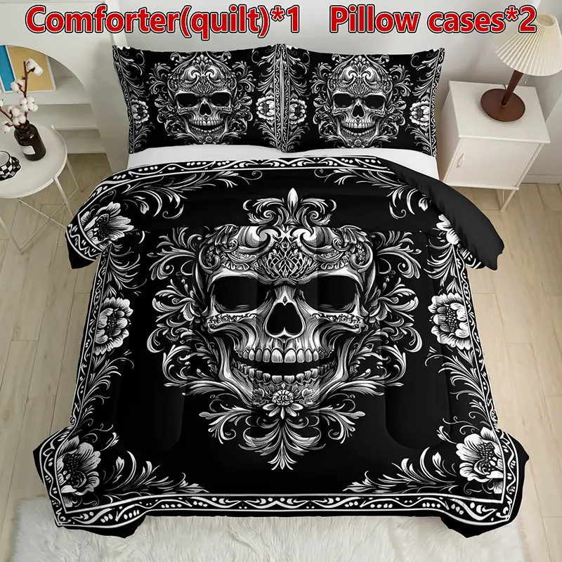 Skeleton Pattern quilt Set, Gothic Black Bedding, Includes 1 quilt and 2 Pillowcases (Pillows Not Included), Comfortable Bedroom Decor sohochic