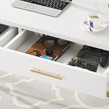 【BTS ONLY】Tribesigns 41" Computer Desk with 2 Drawers, Modern Study Writing Desk with Metal Frame for Home Office, Bedroom, White & Gold