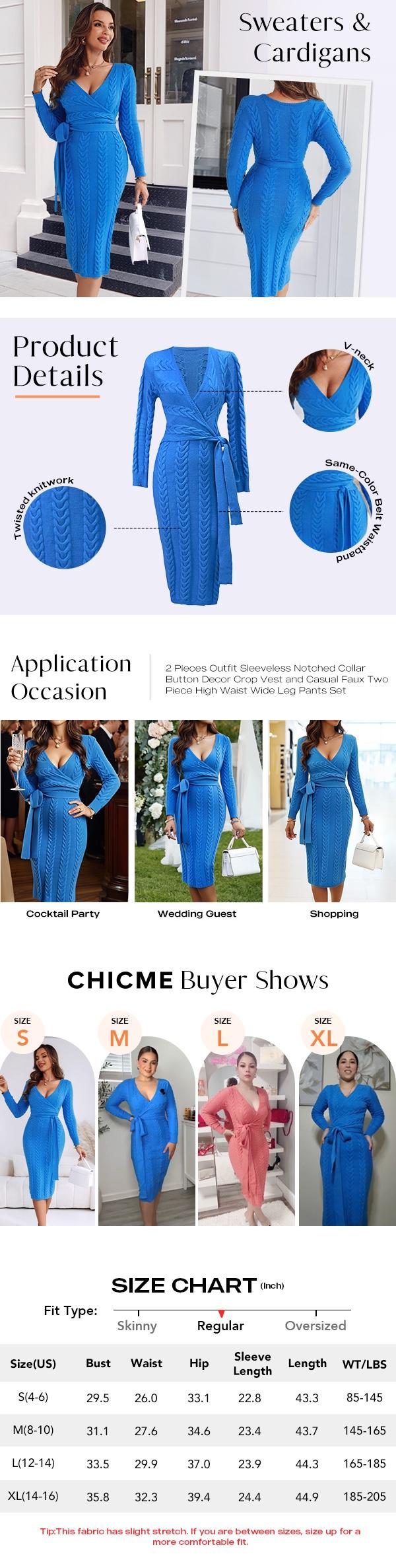 ChicMe Women's Cable Textured Overlap Deep V-Neck Long Sleeve Mid-Length Dress/Women's Warm Slim Cable Knit Dress Tie Waist Slim Fit Knit Dress