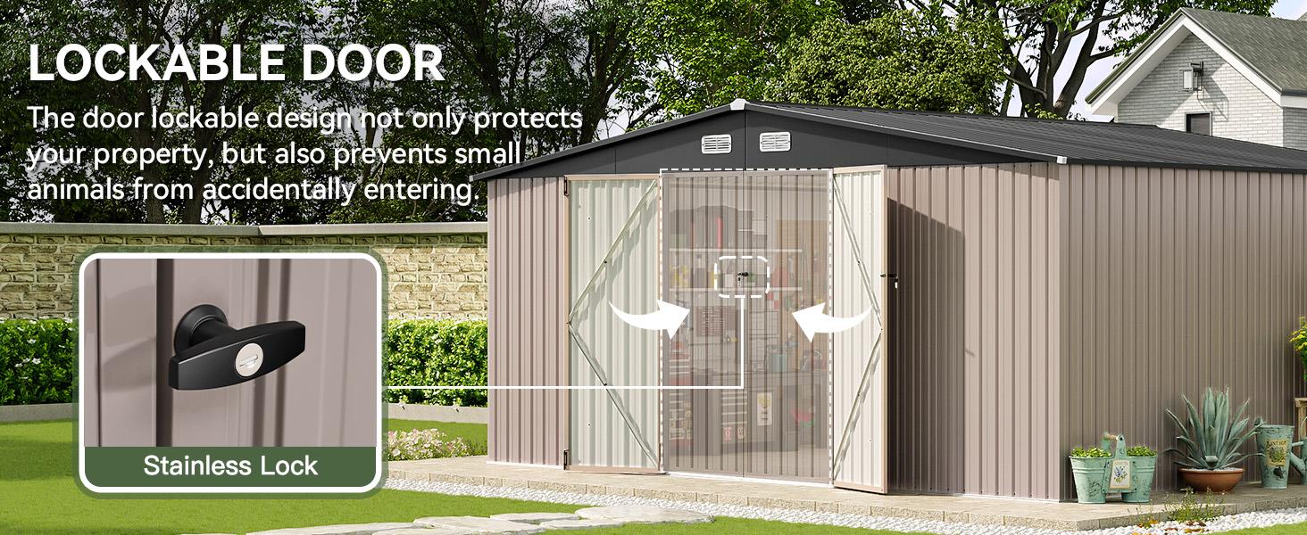 Aoxun 10 x 12FT Outdoor Storage Shed with Double Hinged Large Door & Lockable Door Brown Metal Sheds for Garden Backyard Patio