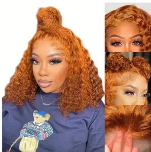 #350 Orange Ginger Curly Wave BOB Wig Human Hair 13x4 HD Lace Frontal Short Curly Ginger Orange Lace Front BOB Wigs For Black Women Human Hair Pre Plucked Wear And Go Glueless 14 Inch