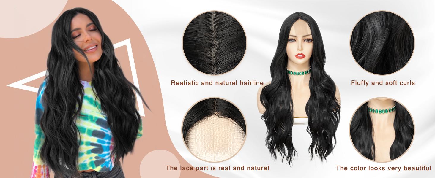 Black Wig for Women, Long Wavy Middle Part Synthetic Heat Resistant Wig for Daily Party