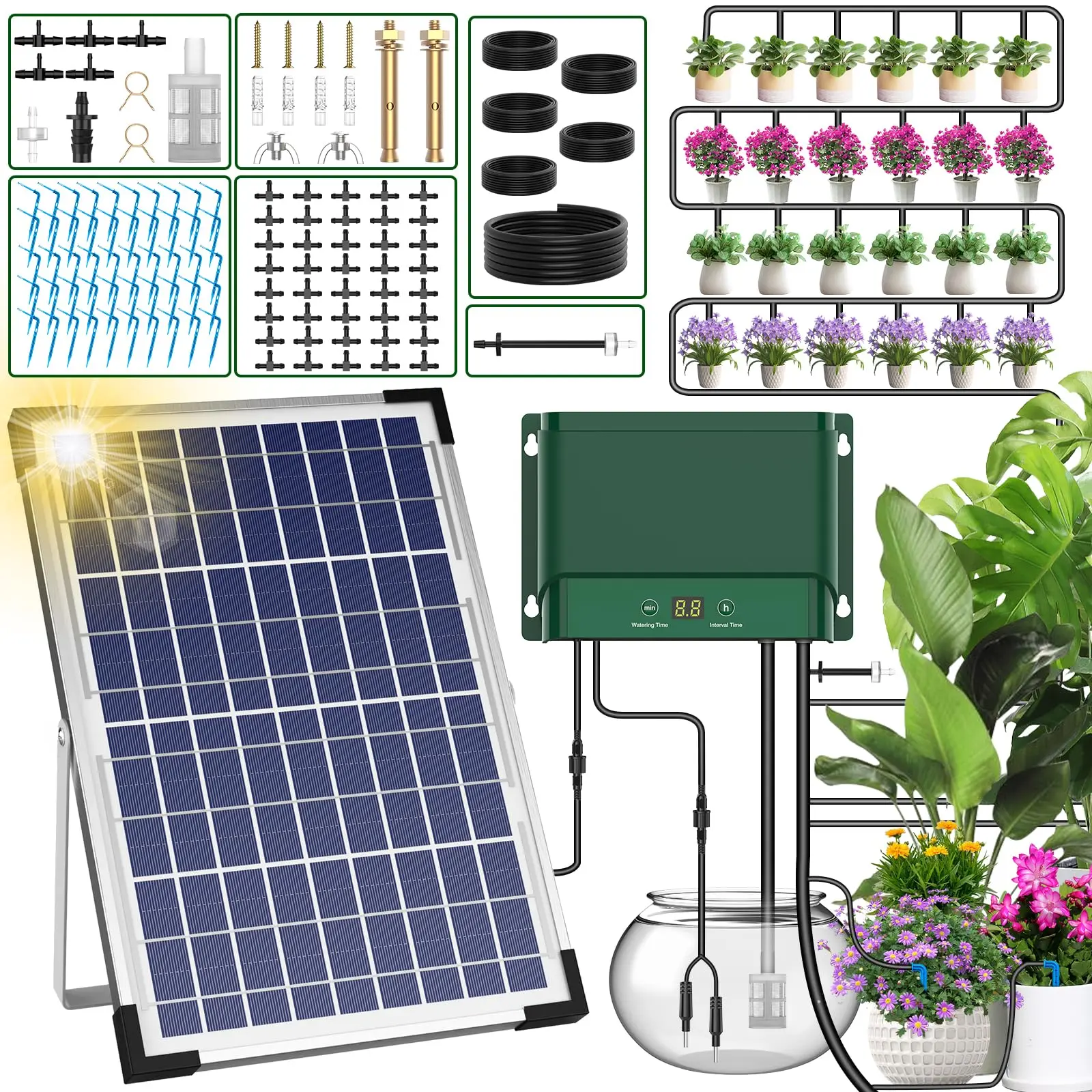 AnseTo Solar Irrigation System 10W Watering for Garden Plant Greenhouse,2026 Latest Model Drip Kit DIY Automatic with 30 Drippers/Auto Alarm Mode