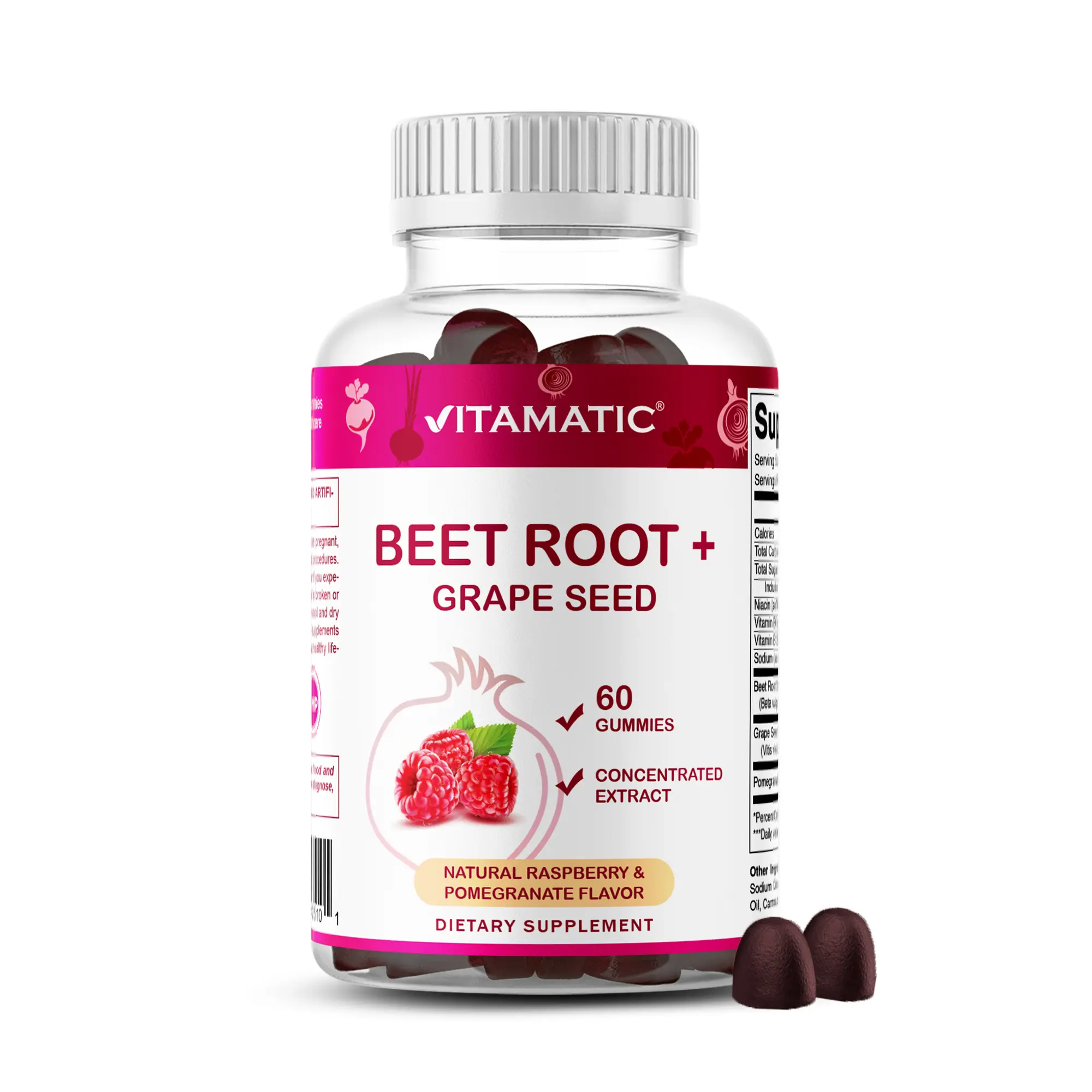 Vitamatic Chewable Beet Root Gummies Dietary Supplement - Vitamins B6,B12,Nicotinamide,Berries Blend,Grape Seed,Pomegranate - Dye-Free,Plant-Based,Vegan,Non-GMO,GMP - Supports Adult Cardiovascular Function - 60 Count