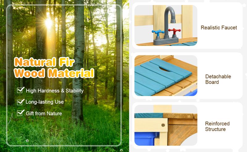 Costzon Wooden Kids Play Kitchen, Outdoor Mud Kitchen with Removable Sink, Water Box & Faucet, Stove Top, Storage Shelves, Fun Backyard Pretend Kitchen Playset dealsforyou