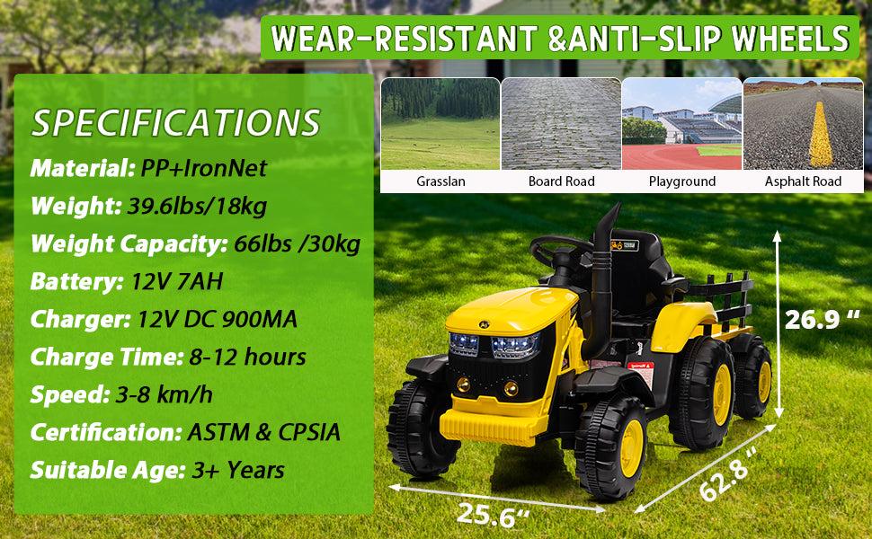 【GARVEE】12V Remote Control Tractor for Kids with 7 LED Lights, Safety Belt, Dual 35W Motors, Trailer, Horn, Music, USB Connectivity, Available in Blue, Green, Red, and Pink