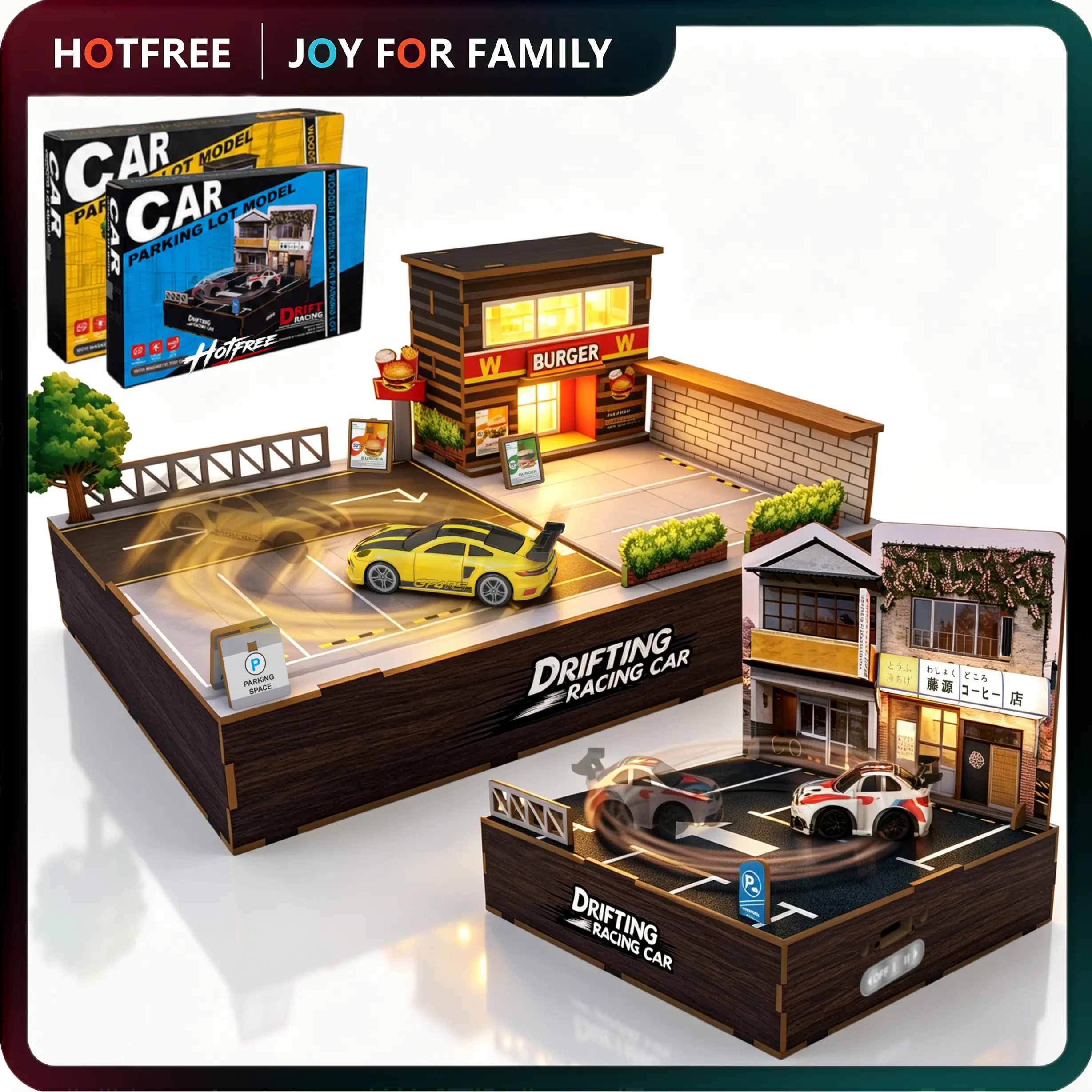 Hotfree 1/64 Car Drift Pad Turntable Diorama, Wooden DIY Drift Racing Parking Lot Scene Kit with LED Light, Premium Motion Display for Diecast Collectors, Includes Diecast Drift Car & 2Pcs Magnetic Accessories, Compatible with 1/64 Hot Wheels Diecast Cars