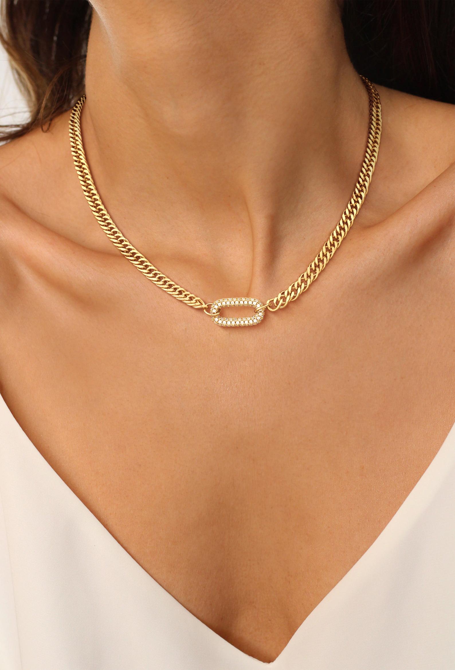 Tewiky 14K Gold Plated Cuban Link Chain Necklace with Zircon Clasp for Men Women，Trendy Cuban Necklace For Women Gift For Valentine's Day gifts