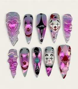 Harlequin Clown Press On Nails, Pink Chrome Clowncore Nails, Spooky Handmade Nail Set, Gothic Press Ons, Pink Creepy Nails, Halloween nails