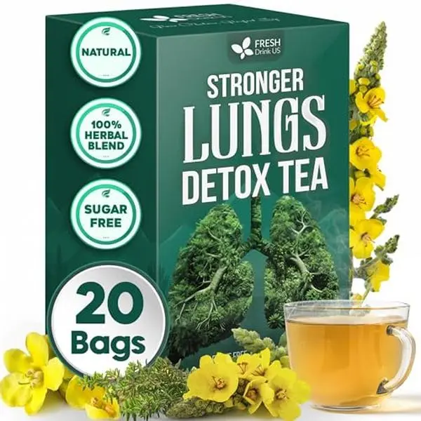 【FreshDrinkUS】 StrongerLungs Lung Support Tea Bags - Mullein Leaf, Ginseng, Elderberry, Ginger & Thyme for Lung Cleanse & Mucus Cleanse - 20 Tea Bags Flu Tea