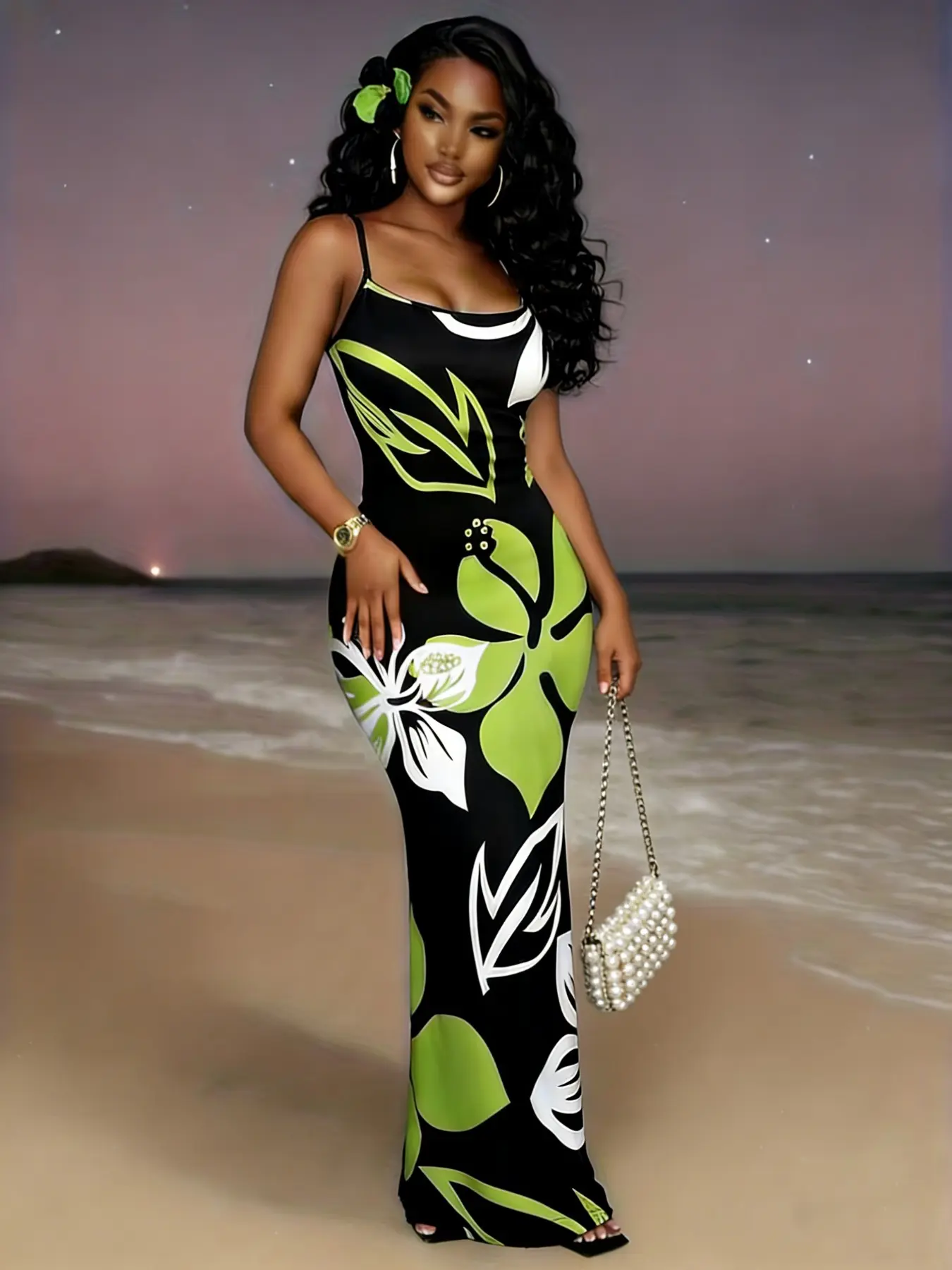 Women's Tropical Floral Print Backless Maxi Dress, European Style Beach Party & Evening Gown, Elegant Long Dress, Elegant Fashion Dress, Womenswear