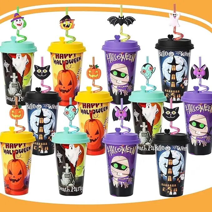 Halloween Fall Gift 24 Sets Halloween Party Favors Goodie Cups with Lids and Silly Straws Bulk, Halloween Party Decorations 16OZ Plastic Cups for Kids Party Favors Bags Stuffers Gifts