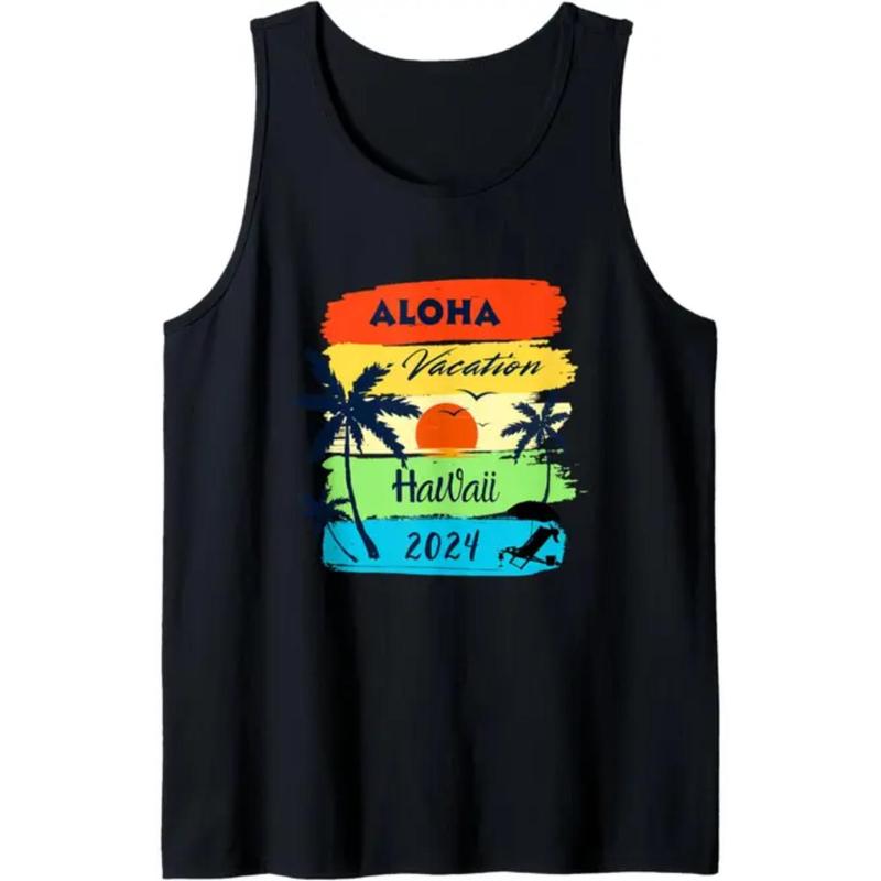 Men's Aloha Vacation Graphic Tank Top - Black with Colorful Tropical Print, 100% Cotton Breathable Sleeveless Shirt, Relaxed Fit Summer Casual Wear, Machine Washable Crew Neck Top for Beach & Outdoor Activities, Summer Tank Tops