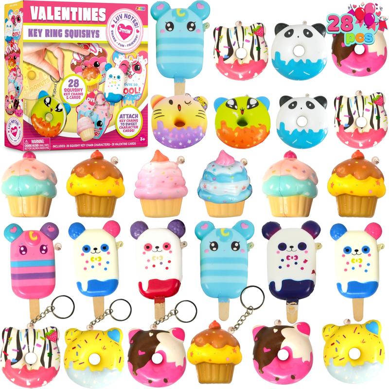 28Pcs&30pcs Dessert Squishy Toys Keychains with Kids Valentines Cards for Classroom Exchange Gifts 2025 Valentine Exchange Cards  Various decorations are available for selection.