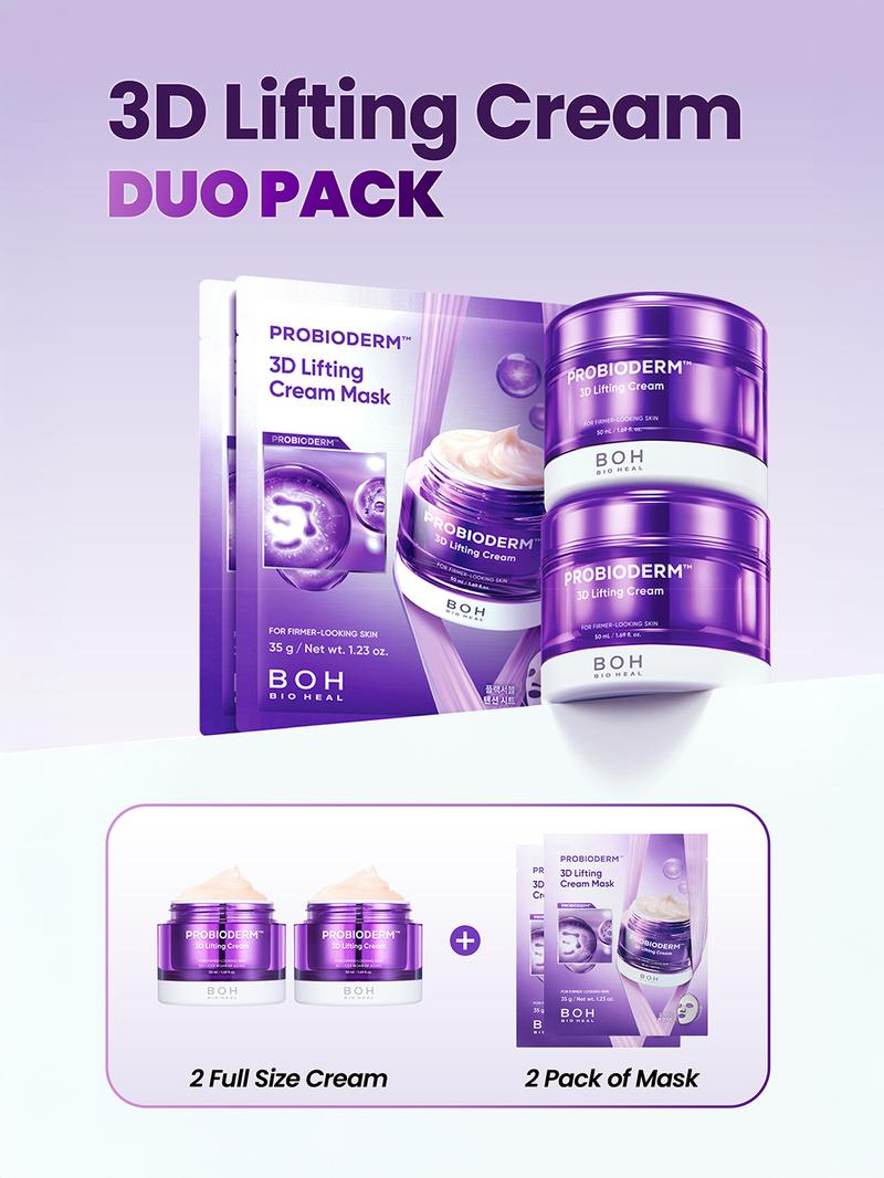 [BIOHEAL BOH Official] Probioderm 3D Lifting Cream Duo Pack | 2 Full Size Cream + 2 Pack of Mask | Firming & Anti-Aging Korean Skincare Routine Value Set | Peptide Face Cream for Jawline Lift & Wrinkle Daily Care Restore