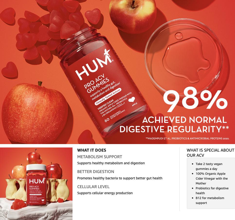 HUM Pro ACV Gummies - 100% Organic Apple Cider Vinegar with the Mother, Probiotics for Digestive Health & B12 for Metabolism Support (60 Count)