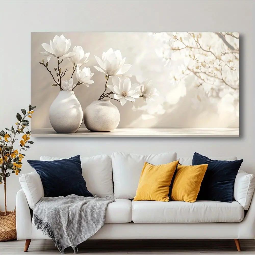 Framed Canvas Wall Art - "Magnolias in a Vase" Modern Abstract Artistic Painting, Multi-Size Pine Wood Piece, Botanical Aesthetic Home Decor for Indoor House Living Room, Bedroom, Nature-Inspired House Decor Accent