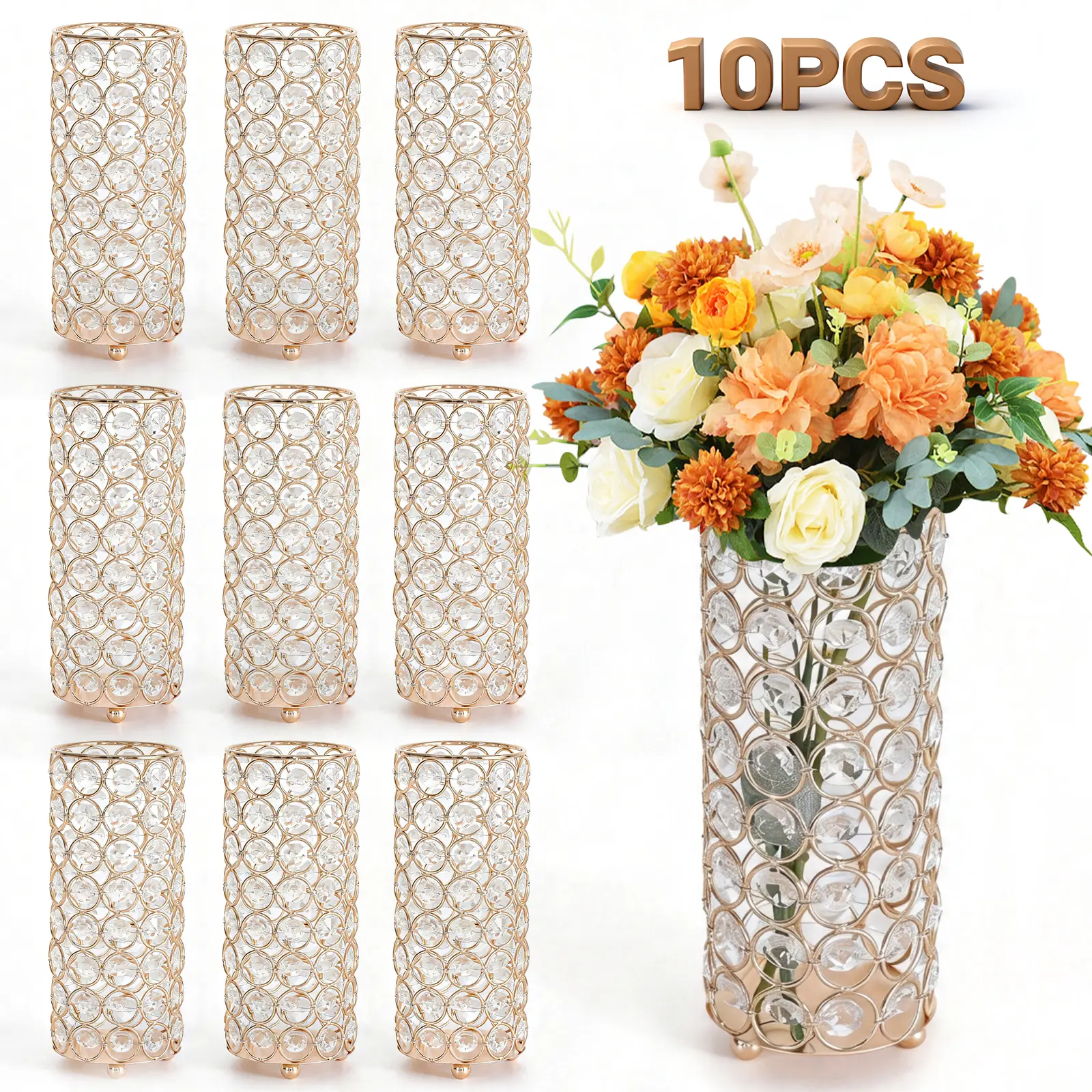 10-Pack Luxury Iron Crystal Flower Vase Set, 7.9" Cylinder Vases for Centerpieces, Crystal Pillar Candle Holder for Wedding Table Decoration, Metal