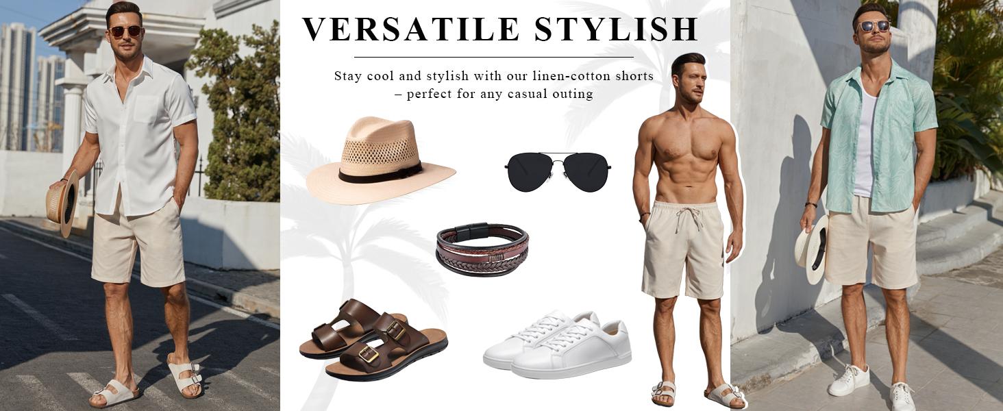 COOFANDY Men's Linen Shorts Casual Beach Shorts 9 inch Inseam Elastic Waist Drawstring Summer Shorts