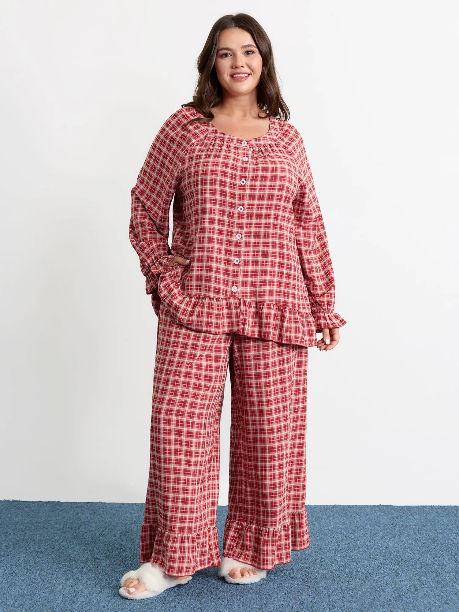 BLOOMCHIC Women's Black Long Sleeve Button Gingham Loungewear Set with Ruffled Hem -Summerfinds