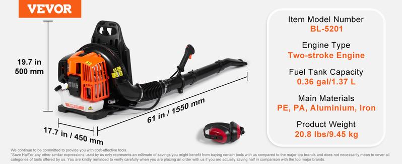 VEVOR Backpack Leaf Blower, 52CC 2-Cycle Leaf Blower with 1.37L Fuel Tank, 480CFM Air Volume 175MPH Speed, Ideal for Lawn Care, Leaf Cleaning, and Snow Removal