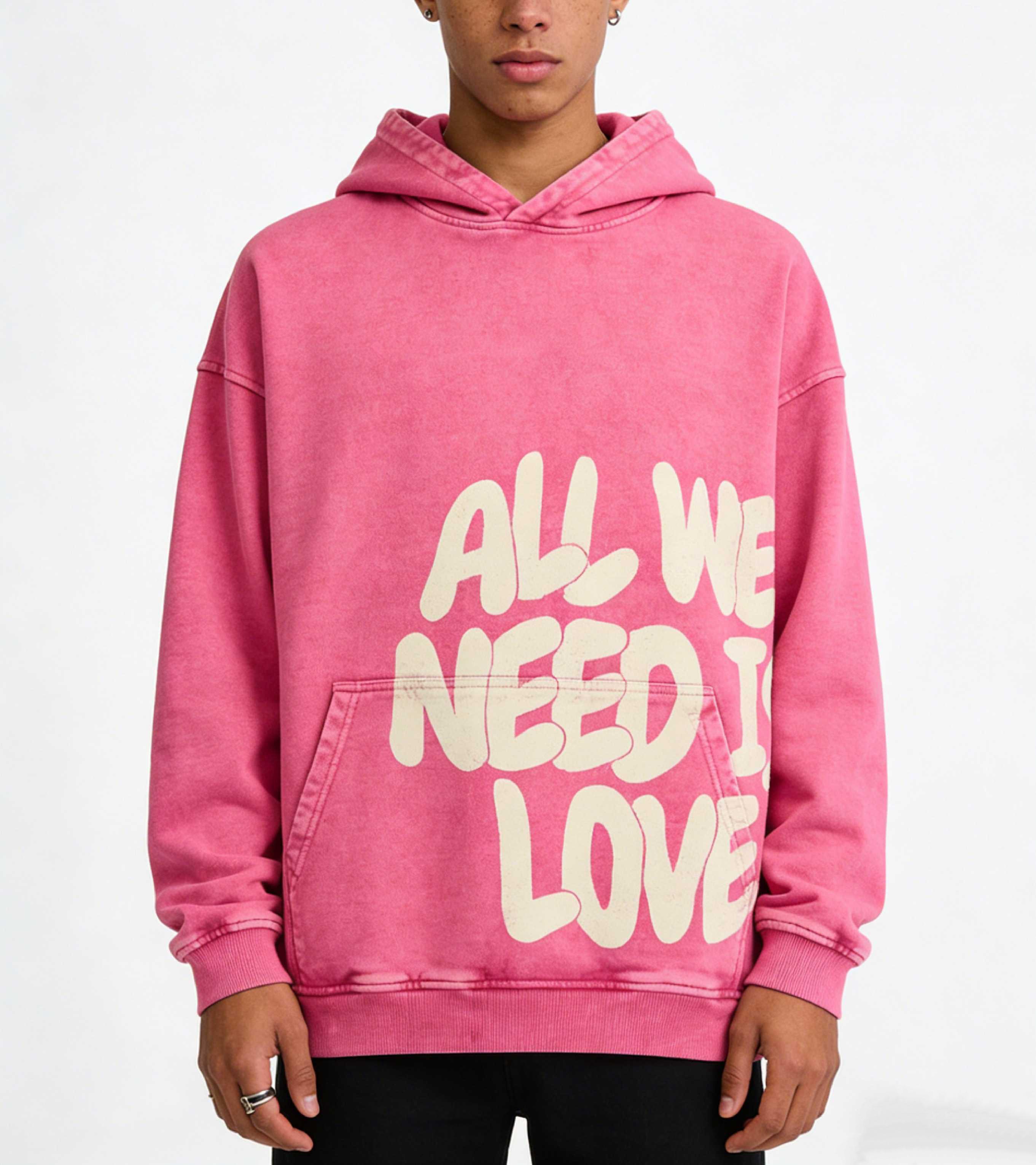 Sopula Studio Mens & Womens Tops All We Need Is Love Graphic Pink Vintage Washed Casual Pullover Cotton Hoodie