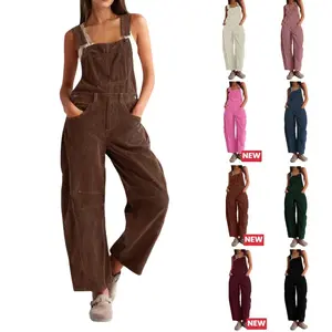 WoodBerry Corduroy Overalls for Women Barrel Wide Leg Bib Corduroy Pants Women Adjustable Romper Jumpsuit with Side Buttons and Pockets for Loose Fit Outfits Womenswear