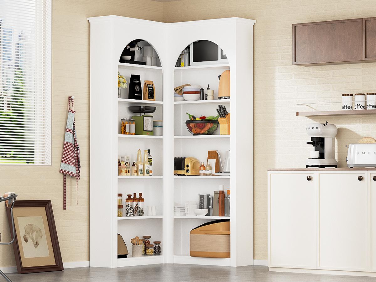 Corner Bookshelf, 71 inch 6 Tier Storage Bookcase, L-Shaped Corner Bookshelf, Living Room/Home Office/Bedroom Display Unit, Arched French Style