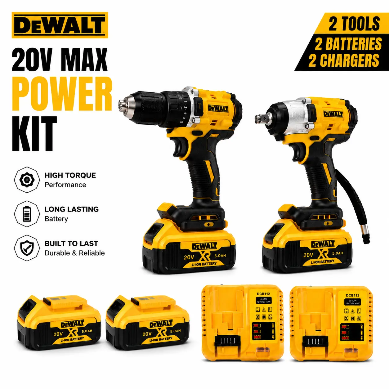 DEWALT Cordless Drill & Impact Wrench Combo Kit – Drill + Wrench Set with Metal Gears, Reinforced Housing, Rechargeable Power for Drilling, Fastening, Nuts/Bolts Removal, Garage & Workshop Use