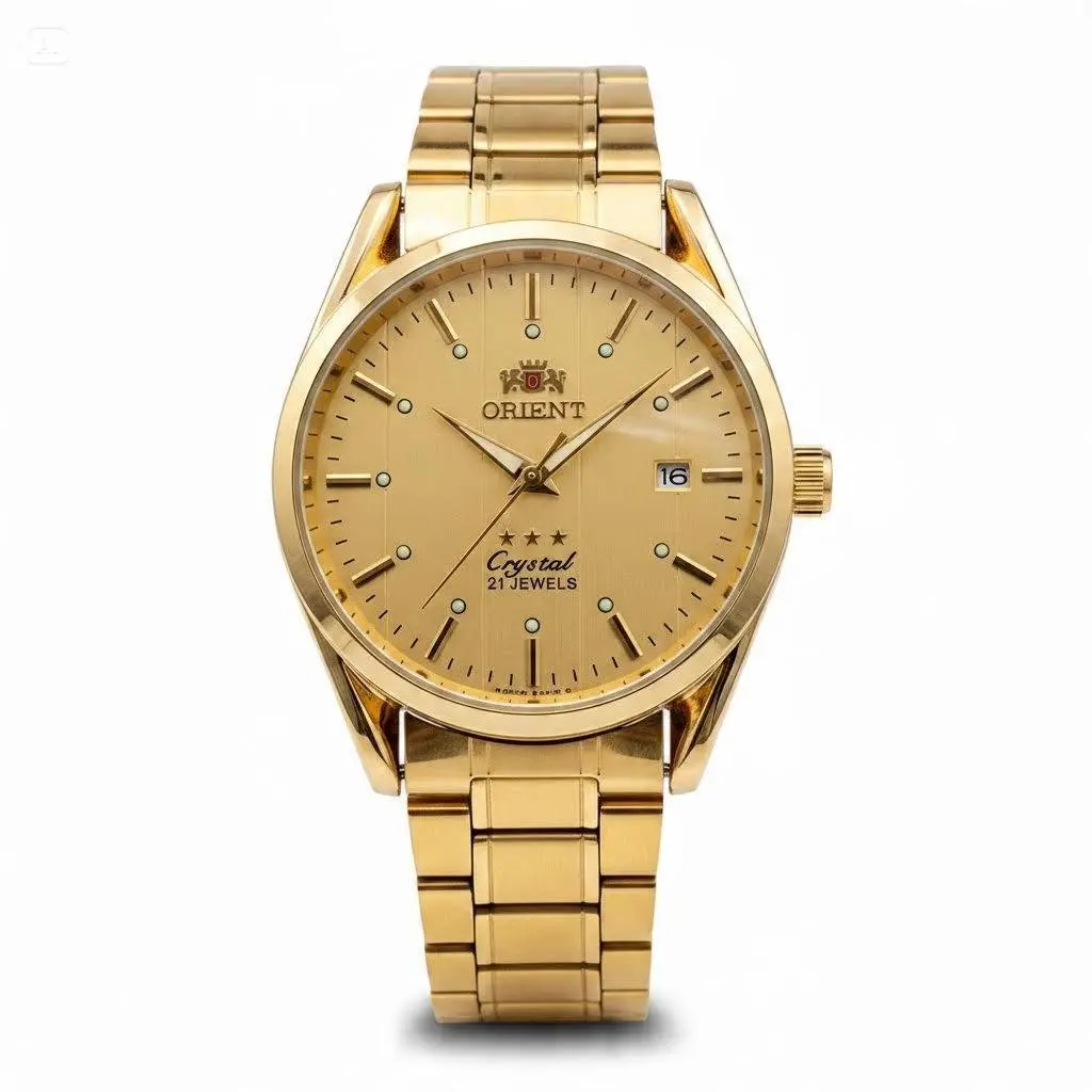 Orient 3-Star Gold Tone Men's Automatic Mechanical Watch - 21 Jewels Crystal Series, Date Window, Luminous Markers, Stainless Steel Bracelet, Luxury Business Casual Wrist Watch Gift for Him