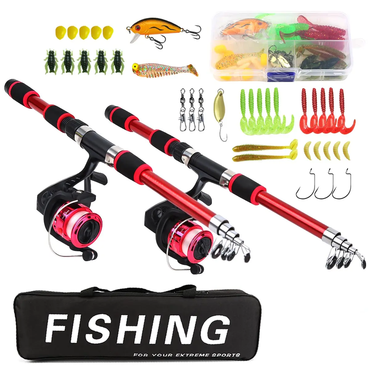 Fishing Gear Set with 2 Retractable Rods, 2 Reels, Lures, Hooks & Bag, Fishing Tackle Rod Combo, Fishing Rod Combos for Freshwater & Saltwater, Ideal for Beginners & Adults, Fishing Supplies