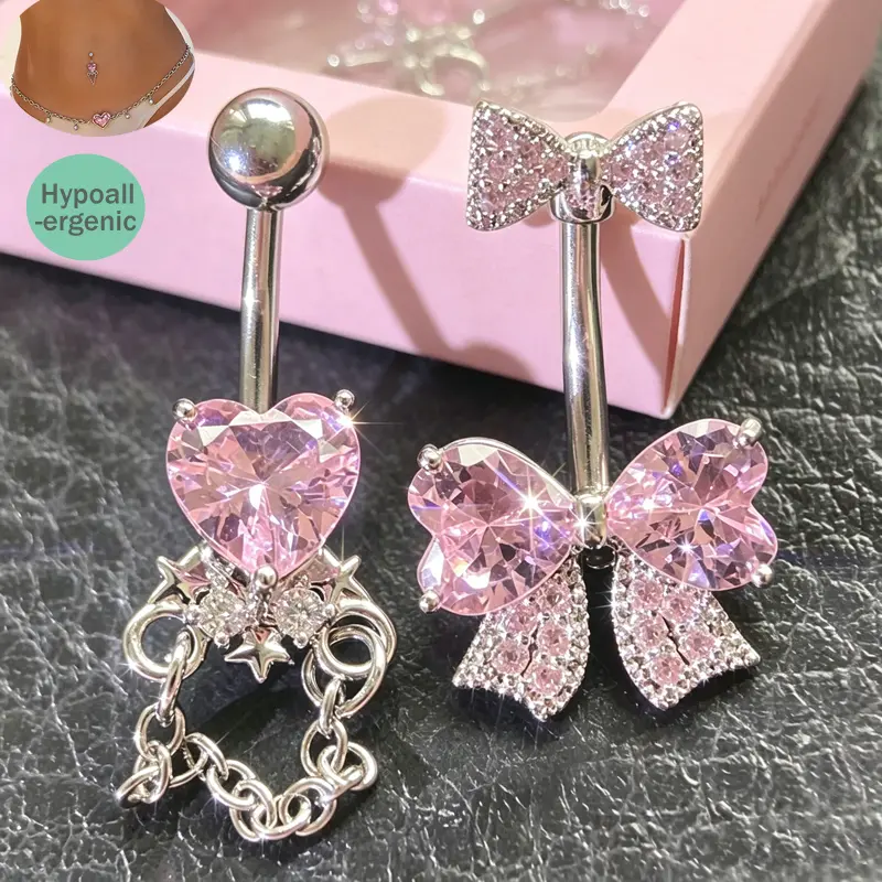 2pcs Titanium Belly Rings Kit,14G Shiny CZ Sweet-Cool Butterfly Chain Design Belly Button Piercing,F136 Materials Floating Navel Belly Piercing Set