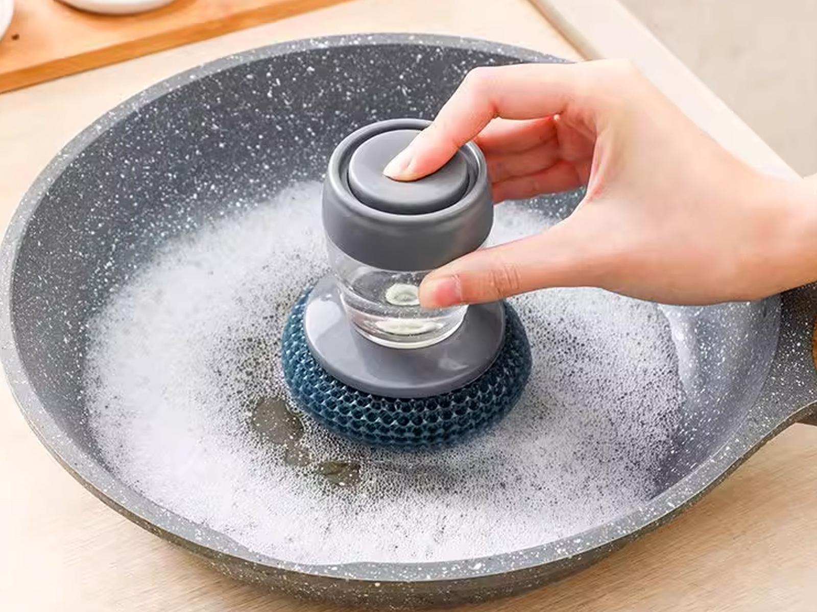 Automatic Soap Dispensing Dish Brush with Press Button – One-Hand Cleaning Scrubber for Frying Pans, Plates, Dishes and Small Bowls