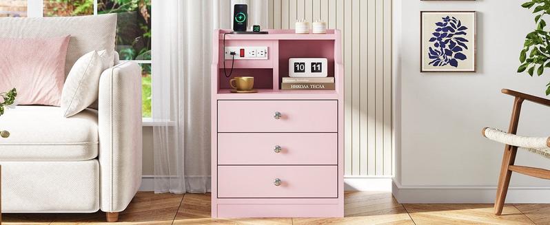Sikaic Nightstand with 3 Drawers Charging Station Pink Sikaic Nightstand with 3 Drawers Charging Station Pink