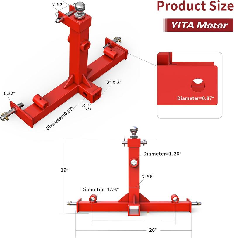 YITAMOTOR 3 Point Trailer Hitch with 2" Receiver for Category 1 Tractors, 3000 lbs Capacity Tow Hitch with Trailer Gooseneck Ball Drawbar