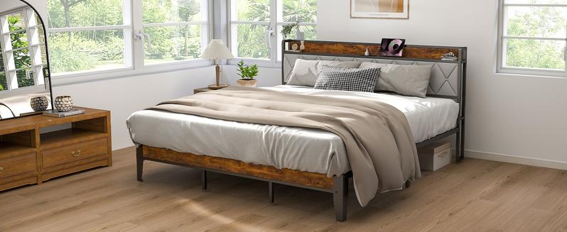 Full Bed Frame with Headboard, Underbed Storage, Built-in Charging Ports, Sturdy Noiseless Design, Tool-Free Assembly, No Box Spring Needed