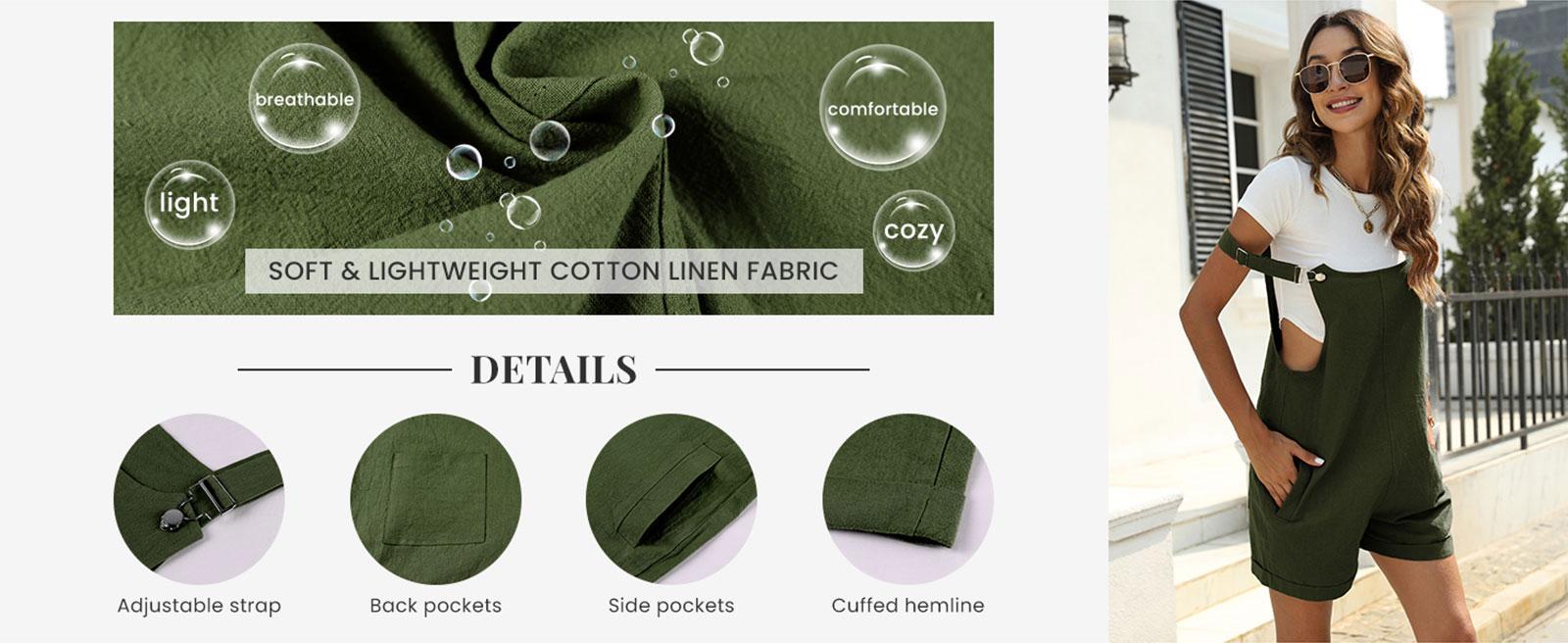 JovenPara Women Cotton Blend Shortall Linen Dual Pocketed Adjustable Strap Cream Pinafore Overall Romper